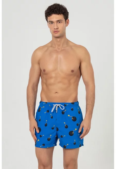 Плувни шорти с принт и джобове - Черен/Кралско Синьо