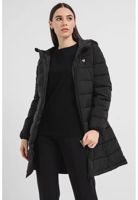 Подплатено зимно яке с качулка - Черен