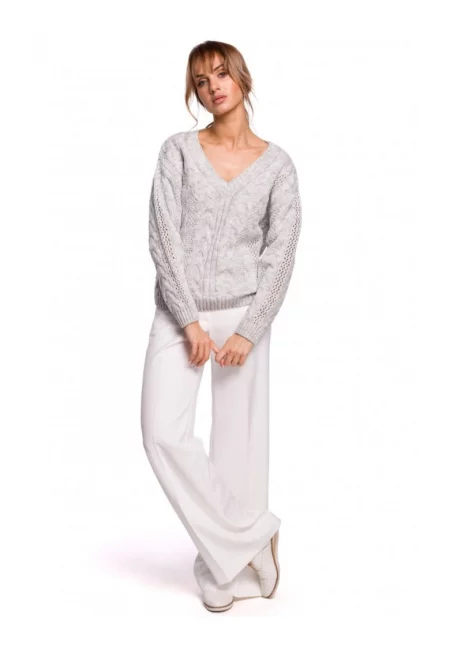 Пуловер с V-образно деколте -  сив