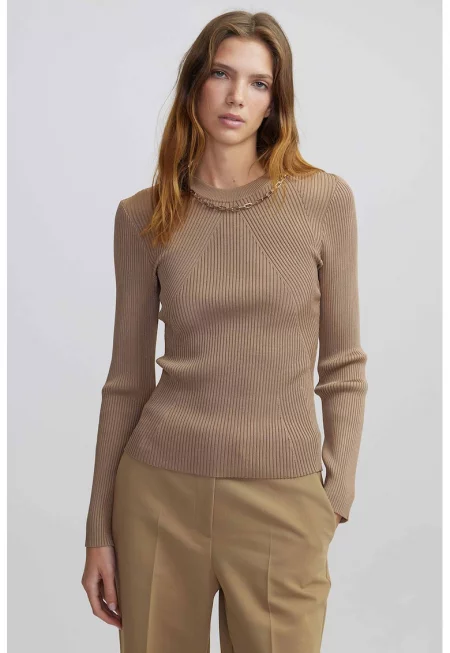 Рипсен пуловер с овално деколте - Камел