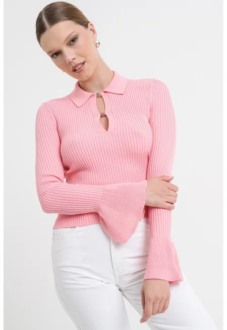 Рипсен пуловер с разкроени ръкави - Пастелнорозов