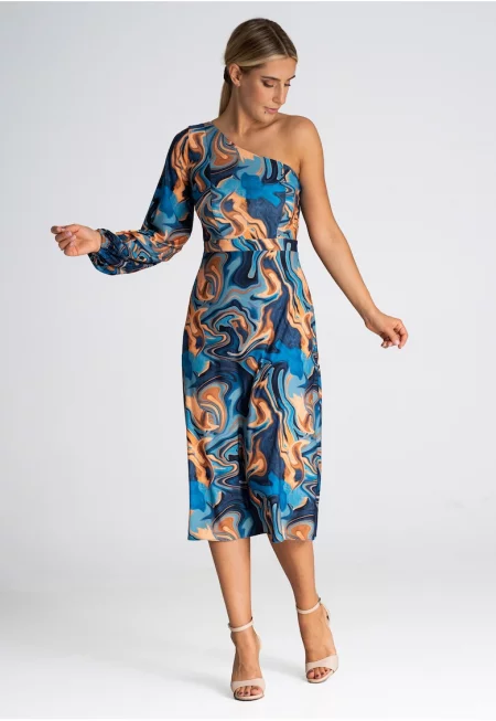 Рокля  абстрактен десен - едно рамо - дълъг ръкав - многоцветна - полиестер