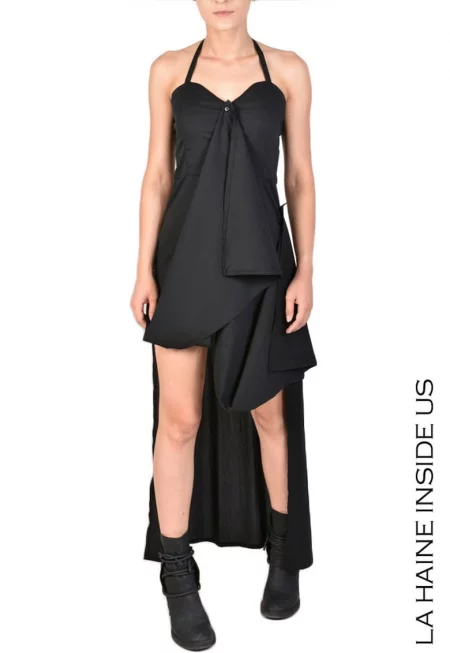 Рокля-риза с предни копчета и регулируеми панделки - Черен