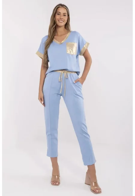 Short Sleeve Blouse & Crop Pants - Син
