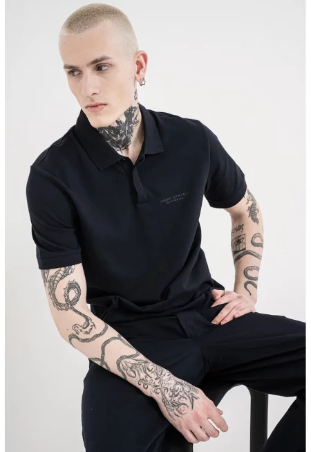 Слим тениска с яка и бродирано лого - Тъмносин