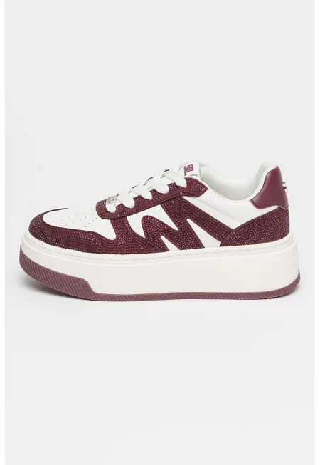 Спортни обувки с декоративни камъни и равна платформа - Бял/Тъмновиолетов