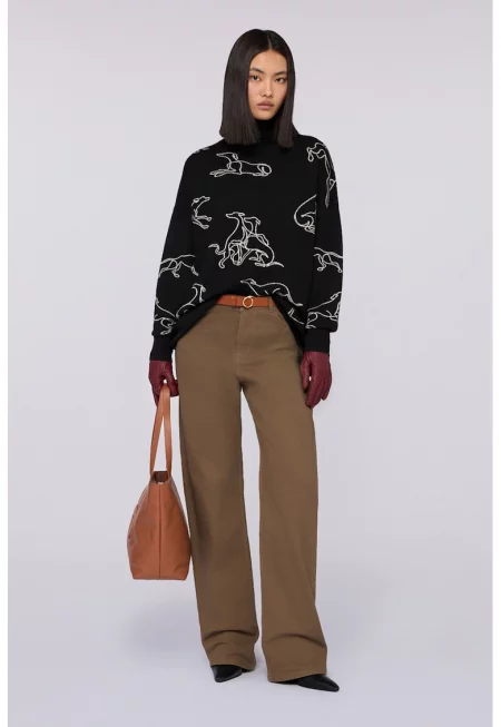 Свободен пуловер с вълна и поло - Бял/Черен