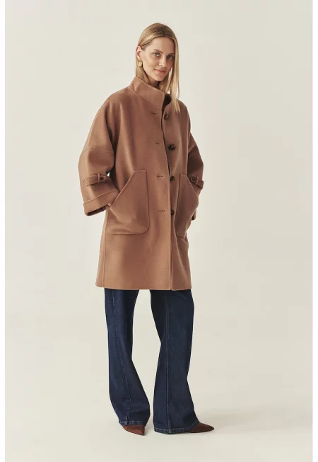 Свободно палто с вълна - Светлокафяв