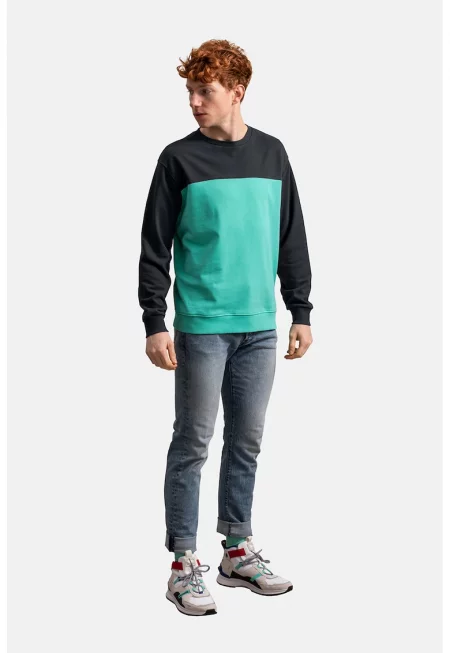 Унисекс суитшърт с цветен блок - 1430-K - Черен/Аквамарин синьо