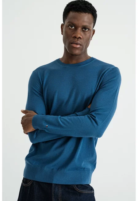 Вълнен пуловер с овално деколте - Тъмносин