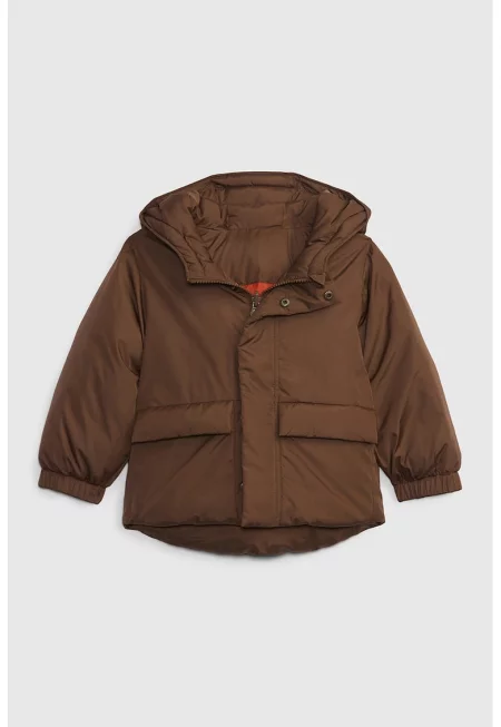 Ватирано зимно яке с качулка - Тъмнокафяв