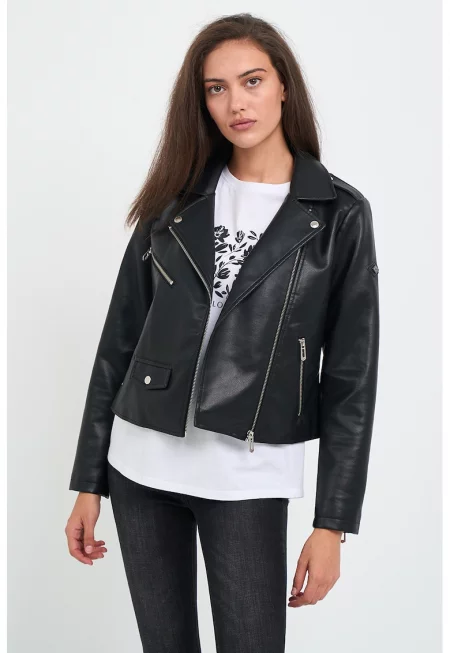 Яке от еко кожа с джобове с цип - Черен