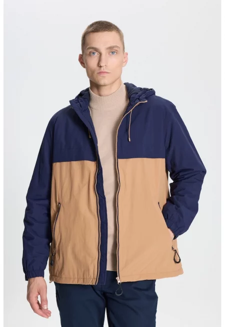 Яке с качулка и джобове с цип - Тъмносин/Бежов