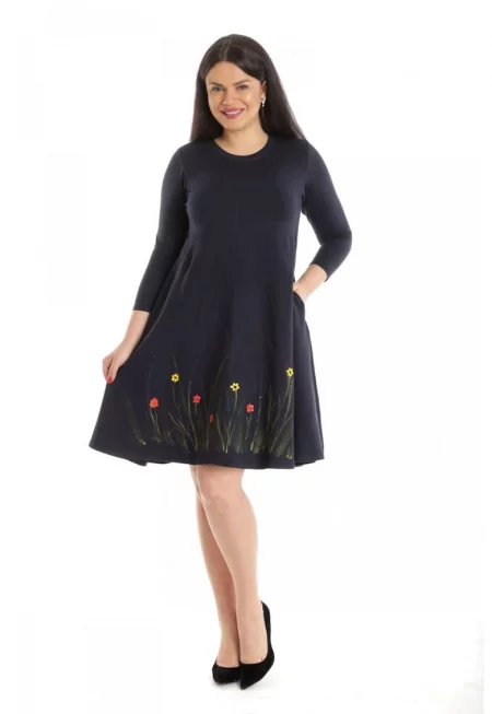 888141929-Дамска рокля с джобове - тъмносиня с ръчна рисунка