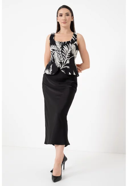 Асиметричен десениран топ с лен - Слонова кост/Черен