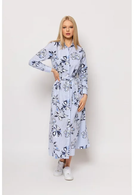 Дълга флорална рокля - Пастелносин/Черен/Бял