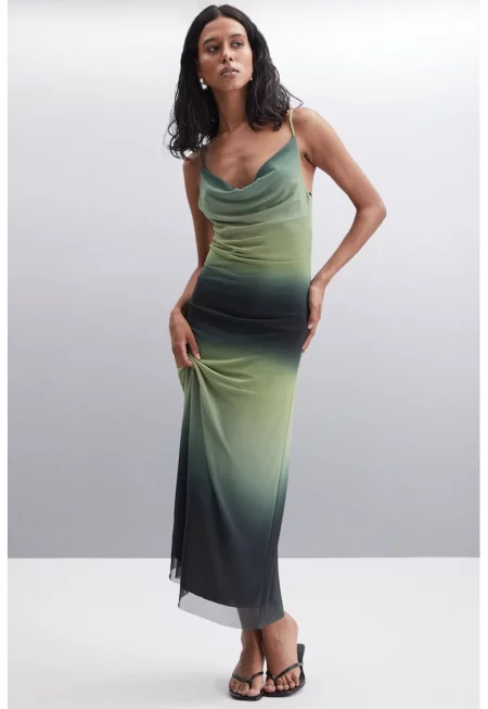 Дълга рокля Aracely с тюл - Черен/Бледозелен