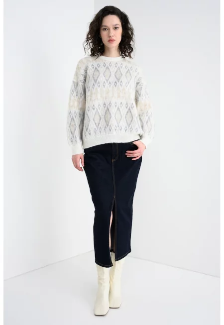 Десениран пуловер с мохер с паднали ръкави