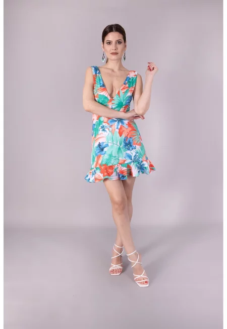 Флорална рокля с разкроен подгъв - Бял/Оранжев/Тюркоаз