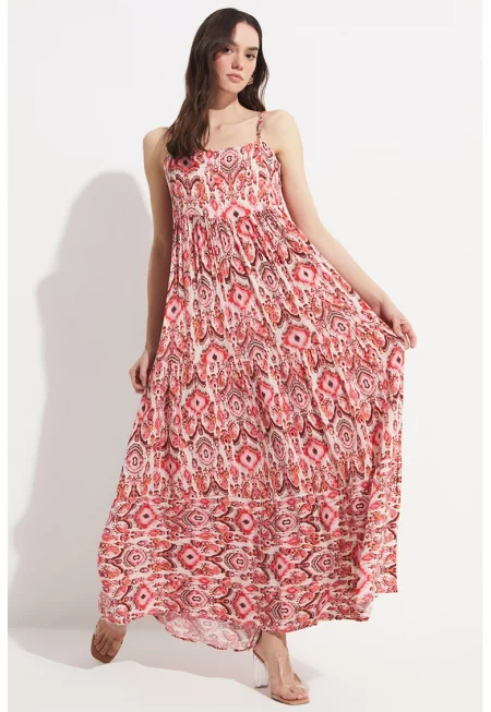 Флорална рокля с тънки презрамки - Бял/Светлорозов