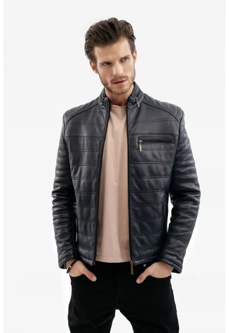 Капитонирано кожено яке по тялото - Тъмносин