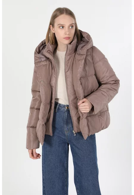 Капитонирано зимно яке с качулка - Сиво-кафяв