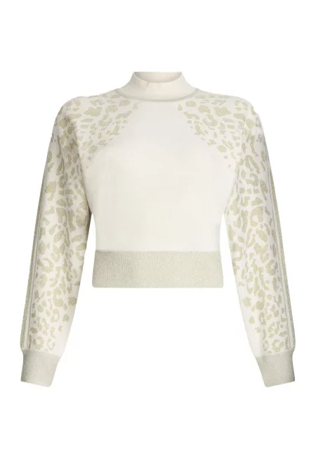 Къс пуловер с десен - Бял/Златист