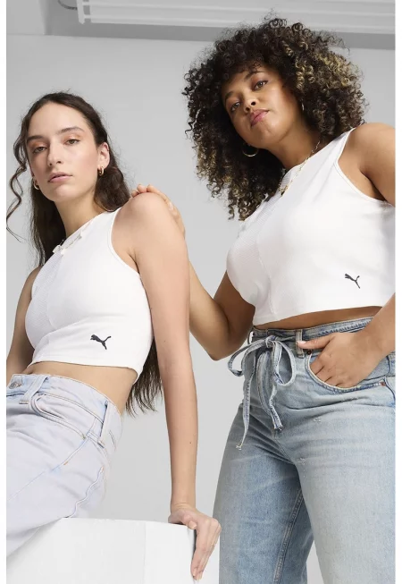 Къс рипсен танк топ с памук - Бял