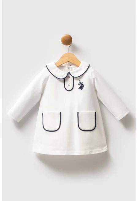 Къса памучна рокля с дълги ръкави - Бял