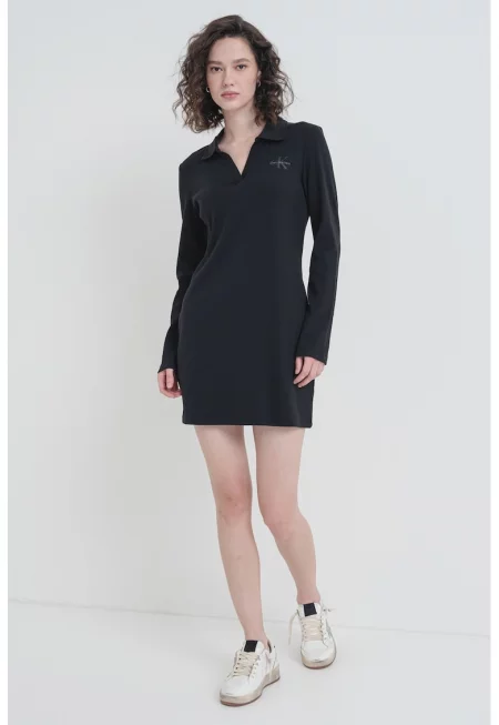 Къса рокля с яка и дълги ръкави - Черен