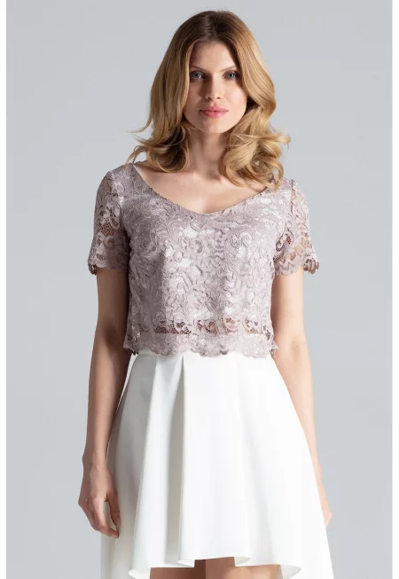 Комплект блуза и пола  дантела - асиметричен - екрю бежов - 97% полиестер - 3% еластан