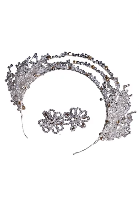 Комплект корона и обеци -  сребро - с кристали - 58 см - Meia C9