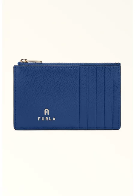 Кожен калъф за карти Camelia с цип - Тъмносин