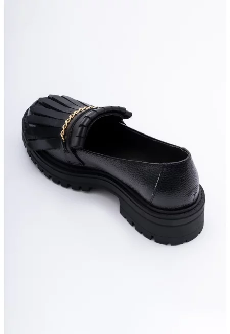 Кожени мокасини с овален връх - Черен