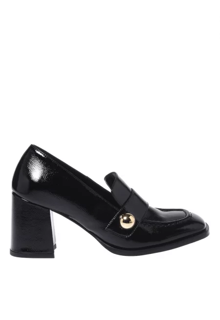 Кожени мокасини с ток и квадратен ток - Черен