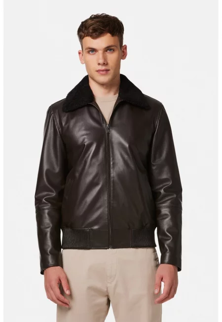 Кожено яке с класическа яка - Тъмнокафяв