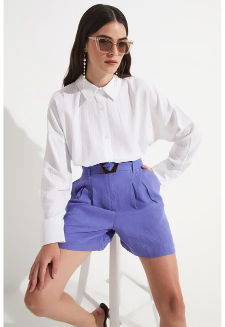 Ленен къс панталон с висока талия - Лилав