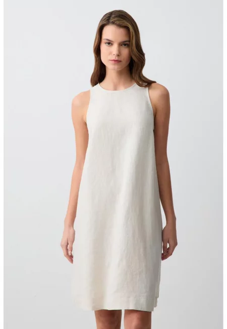 Ленена разкроена рокля - Светло сив