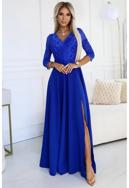 Макси рокля с цепка на крачола и V-образно деколте - - Син