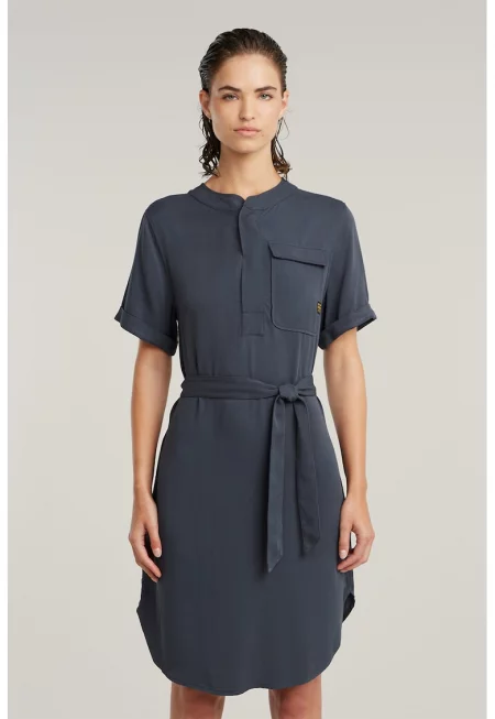 Миди рокля с джоб на гърдите - Петролно синьо