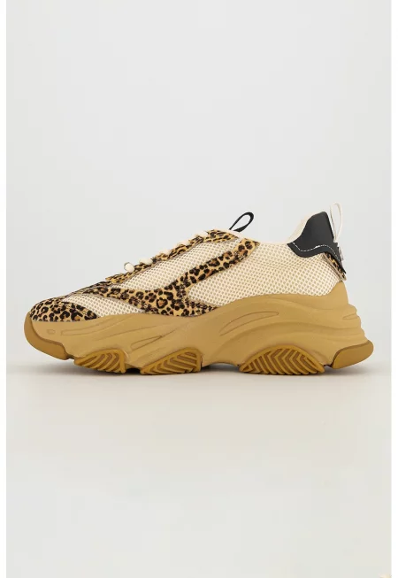 Мрежести спортни обувки от кожа със скосена подметка - Черен/Камел