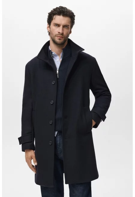 Палто с вълна с връзка - Тъмносин
