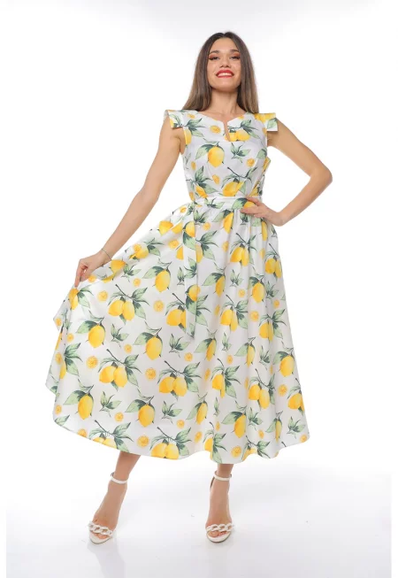 Памучна миди рокля с връзка - Бял/Зелен/Жълт