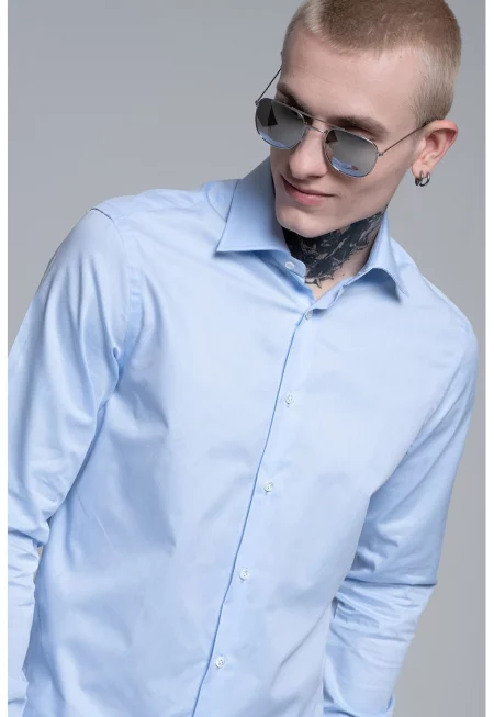 Памучна риза с дълги ръкави - Небесносин