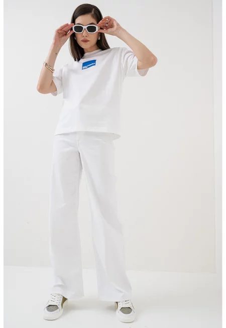 Памучна тениска с лого - Бял/Тюркоаз