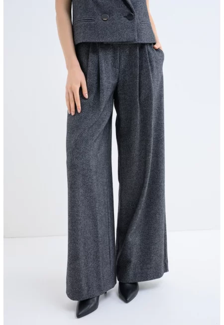 Панталон с вълна с широк крачол и басти - Черен/Сив