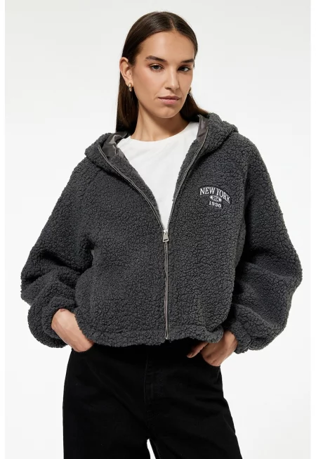 Плюшено худи с ръкави реглан - Tъмносив