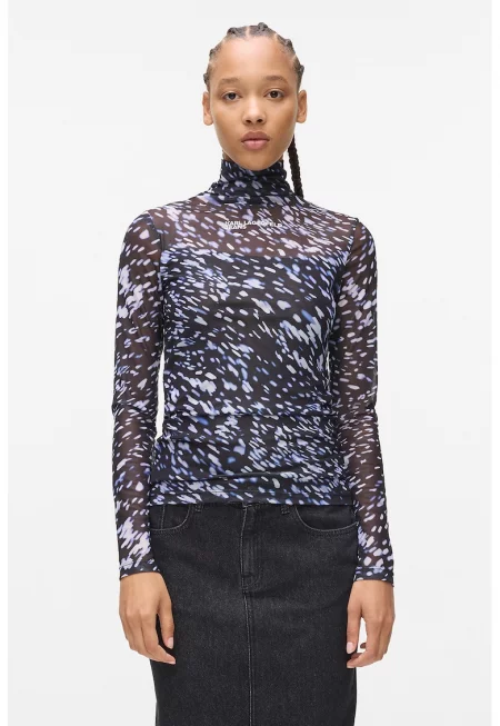 Полупрозрачна блуза тип поло - Мръснобял/Син