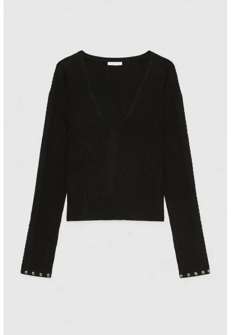 Пуловер с дълъг ръкав и V-образно деколте - Черен