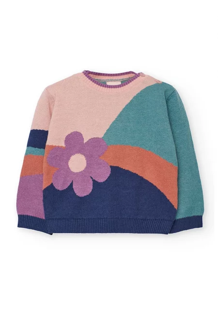 Пуловер с цветен блок и флорален детайл
